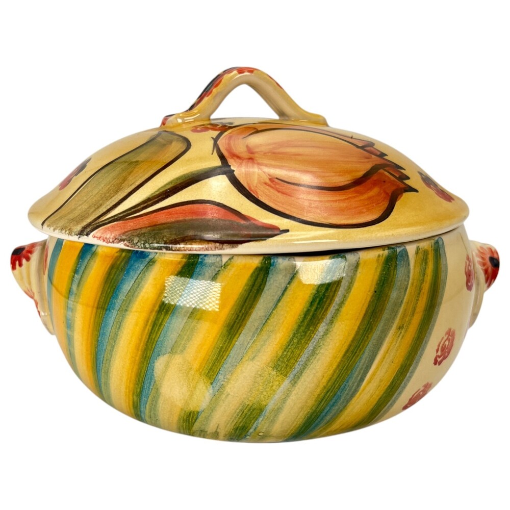Hand Painted Floral Covered Casserole Dish Soup Tureen Italy Yellow Red Green